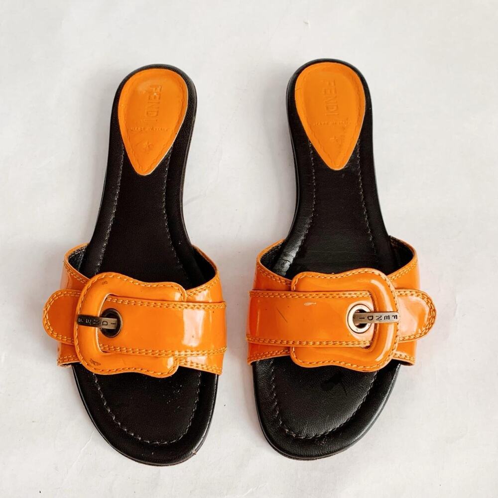 Fendi Orange Patent Leather Slides Size 38.5